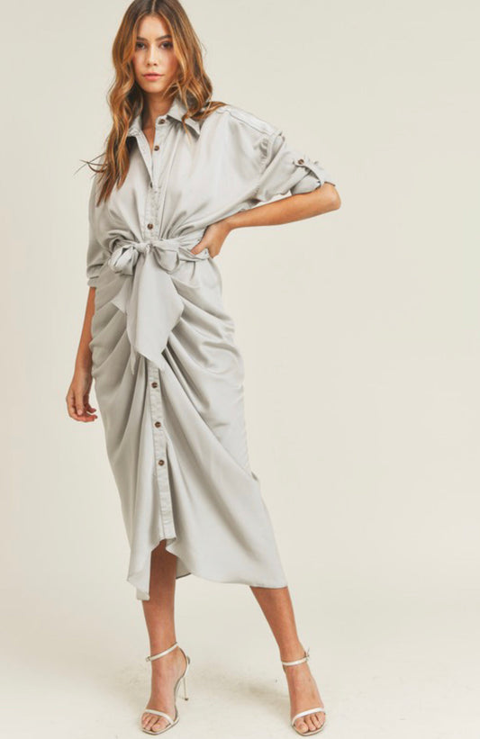 Dusty Blue Giuseppina Satin Shirt Dress